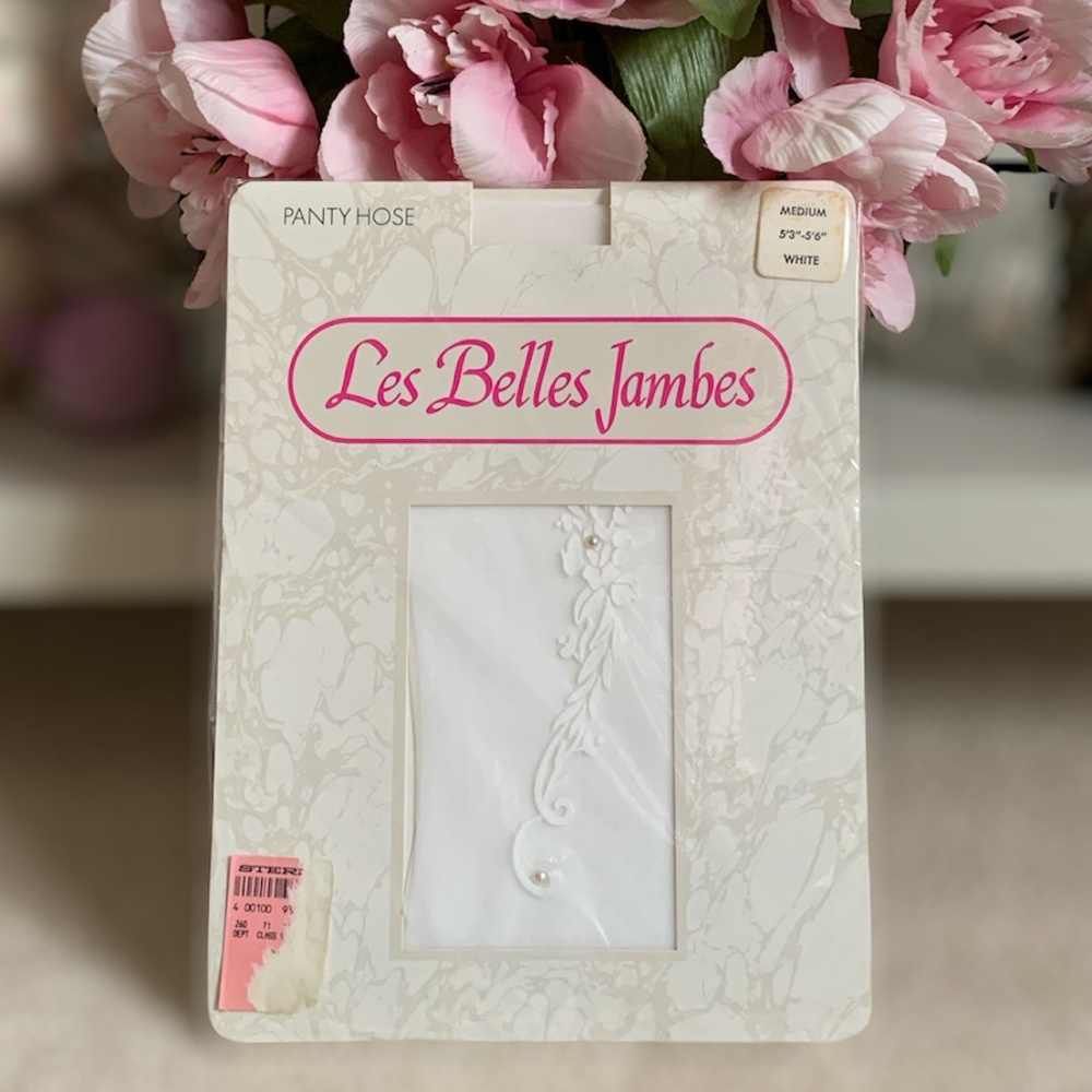 ** VTG NWT Les Belles Jambes Sheer White Wedding Pantyhose with Accents
